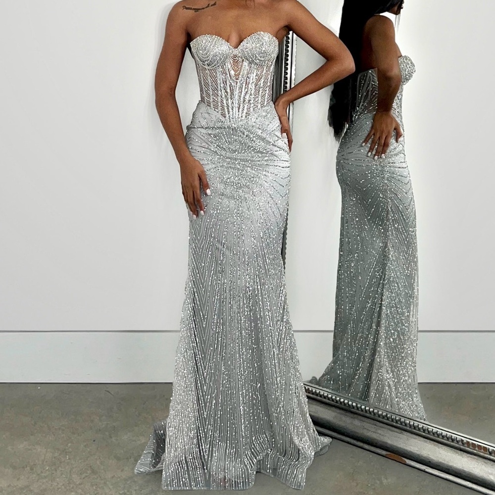 Strapless Silver Embellished Corset Gown